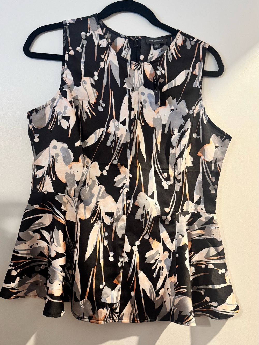 The Limited Black Floral Peplum Camisole with Cream and Pale Pink Accents